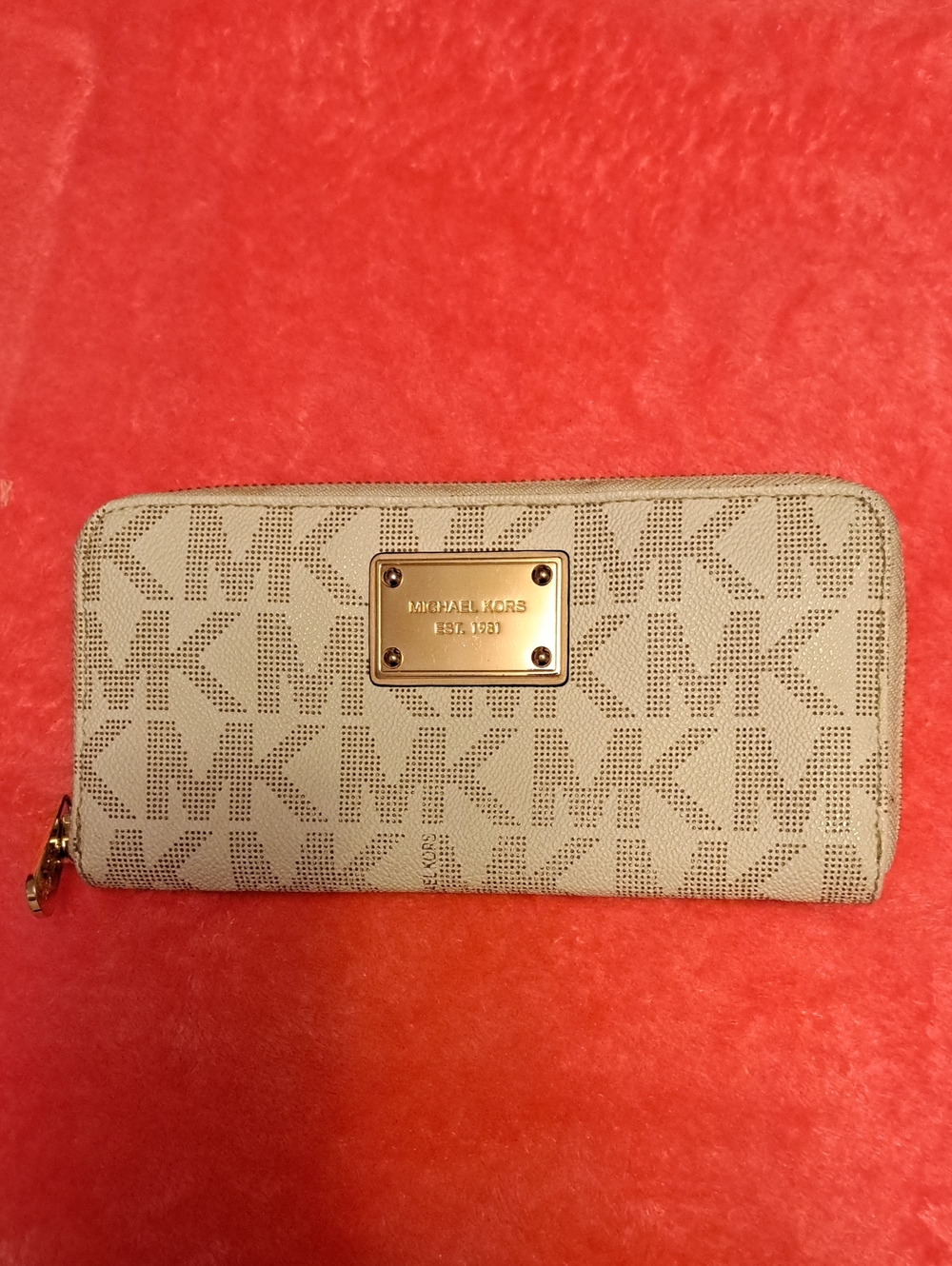 Michael Kors Taupe Logo Zip-Around Wallet with Gold Plaque